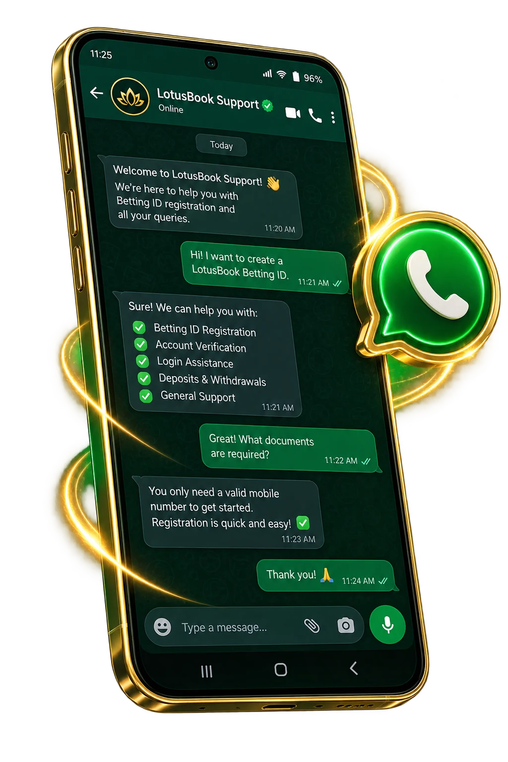 LotusBook WhatsApp support mockup