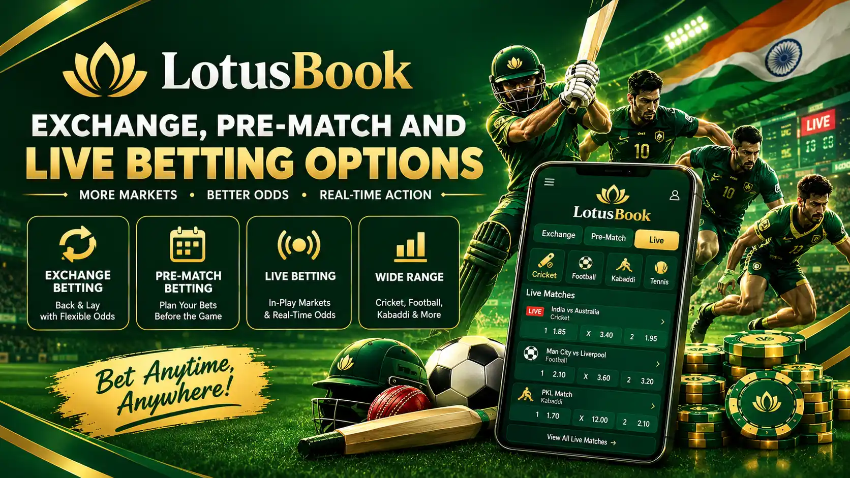 LotusBook exchange, pre-match and live betting options